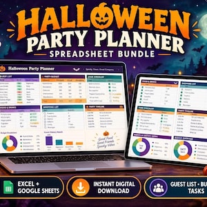 Puede incluir: Un paquete de hojas de cálculo para planificar fiestas de Halloween mostrado en una computadora portátil y una tableta. La interfaz incluye secciones para listas de invitados, presupuestos, listas de tareas, menús y cronogramas.
