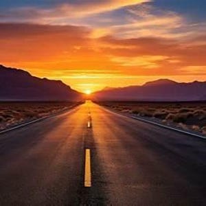 May include: A long, straight asphalt road stretches towards the horizon, centred between dark mountain silhouettes. The sky is filled with vibrant orange and yellow sunset hues, casting a warm glow over the desert landscape and the road surface.