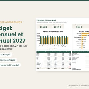 Peut inclure: Un modèle de budget numérique pour Excel et Google Sheets intitulé Budget mensuel et annuel 2027. Il présente un tableau de bord avec un graphique à barres comparant les revenus et dépenses mensuels, un graphique horizontal et un tableau.