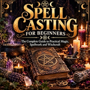 Könnte beinhalten: Ein Buch mit dem Titel Spell Casting For Beginners: The Complete Guide to Practical Magic, Spellwork and Witchcraft, mit einem Pentagramm auf dem Einband, umgeben von einem Kessel, Kristallen, brennenden Kerzen, Kräutern und einem Mörser.