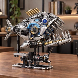 Op de afbeelding: Een mechanisch vismodel opgebouwd uit zilveren, grijze en goudkleurige bouwstenen. Het wezen heeft een opvallend blauw oog, scherpe metalen tanden en een reeks rugvinnen. Het is gemonteerd op een zwarte en zilveren standaard.