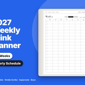 2027 Weekly Planner for reMarkable, Kindle Scribe, Supernote & Boox | Vertical Hourly Week, Hyperlinked E-ink Planner PDF, Mon Sun Start