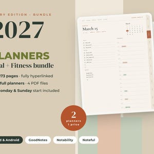 Paquete de planificador de comidas y ejercicios para 2027, con enlaces a GoodNotes para iPad, lista de compras y registro de entrenamientos, color marfil.
