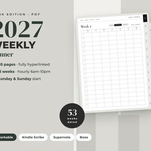Agenda settimanale e-ink 2027, reMarkable Kindle Scribe Supernote Boox, programma orario settimanale con collegamenti ipertestuali in formato PDF