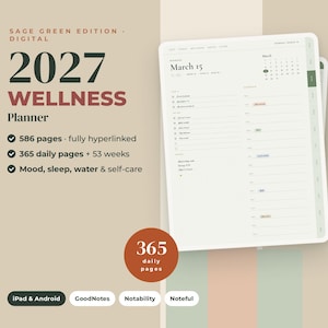2027 Wellness Planner Digital, Self Care Mood Tracker, Sleep & Water Log, Year in Pixels, Hyperlinked GoodNotes