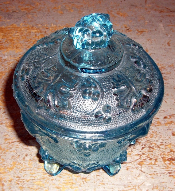Vintage Candy Dish Blue Glass Depression Glass Bowl & Lid Etsy