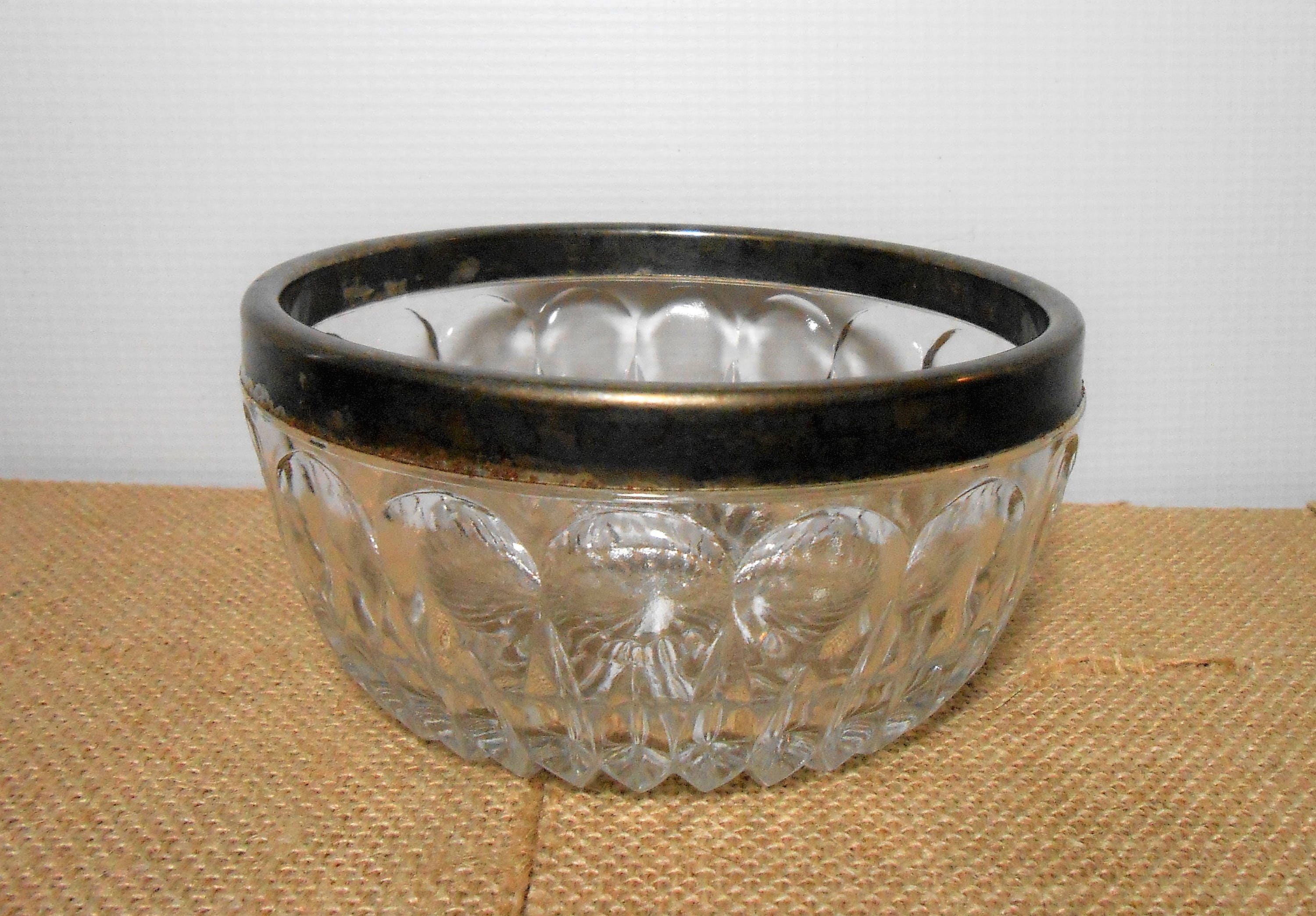 Vintage Glass Bowl Cut Glass Silver Rim Small Clear Glass Etsy