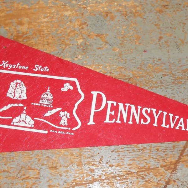 Vintage Pennant, Pennsylvania, Felt, Flag, Red, Wall Decor, Collectibles, Small Pennant