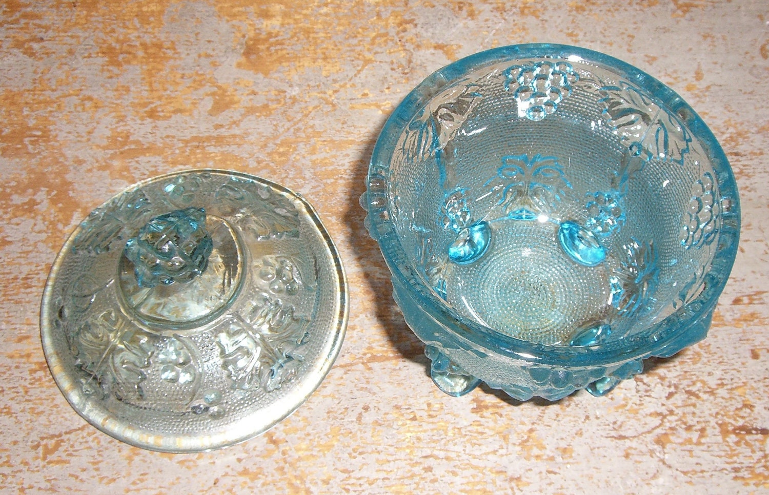 Vintage Candy Dish Blue Glass Depression Glass Bowl & Lid Etsy