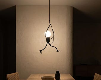 Man Hanging Lamp Sculptural Pendant Black Iron Modern Ceiling Light Fixture Artistic Statement Dining Room Contemporary Chandelier E27