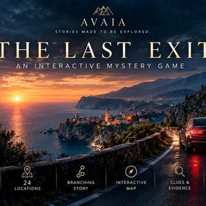 May include: The Last Exit interactive mystery game by Avaia features a sunset coastal road scene with a car driving toward a tunnel. Text includes: Not every road is meant to be followed. Some are meant to be found. 150 scenes, 24 locations.
