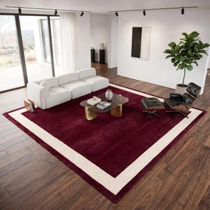 Luxury Burgundy Area Rug with Ivory Border, Modern Rectangular Living Room Carpet, Elegant Solid Color Wool Rug, Contemporary Designer