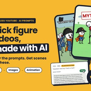 May include: A digital graphic featuring the text Faceless YouTube AI Prompts Stick figure videos made with AI. It displays two smartphone screens showing stick figure animations and a text box with the prompt Napoleon was tiny That's a myth.