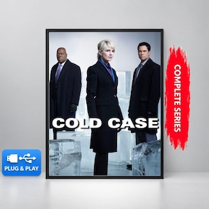 May include: A Cold Case complete series DVD set featuring three individuals in dark coats standing behind large ice blocks. The cover art displays the title Cold Case in white text, a red vertical banner with Complete Series, and a blue Plug & Play icon.