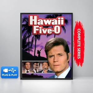 May include: A framed poster for the Hawaii Five-0 complete series featuring the show title in red and white text, a purple sunset background with palm tree silhouettes, and portraits of three cast members, including a prominent close-up.