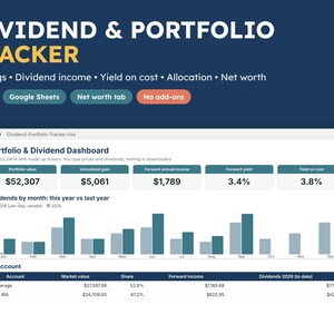 Hoja de cálculo para seguimiento de dividendos, seguimiento de cartera de acciones, seguimiento de patrimonio neto, seguimiento de inversiones, Excel Google Sheets