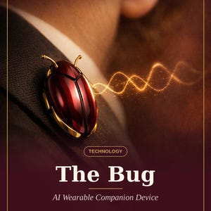 Peut inclure: Un appareil portable en forme de scarabée rouge métallique et doré avec des antennes, émettant un motif d'onde dorée lumineuse. Texte : OBSIDIANEXCHANGE, DJD ENTERTAINMENT PRODUCTION, TECHNOLOGY, The Bug, AI Wearable Companion Device, CONCEPT BRIEF.