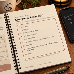 May include: A spiral-bound workbook page titled Emergency Reset Card with a numbered list of nine self-care steps. The page includes text instructions for managing stress, a black pen labeled NightShift Supply Co., and a smartphone displaying the text Screenshot this.