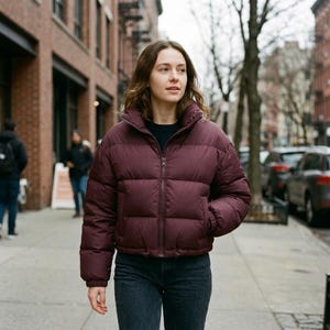 May include: A deep burgundy puffer jacket featuring a high collar, a full-length front zipper, and horizontal quilted panels. The jacket has long sleeves with elasticized cuffs and a drawstring hem, providing a structured and insulated fit.