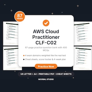 Op de afbeelding: Een digitale documentenset voor de voorbereiding op het AWS Cloud Practitioner CLF-C02 examen, met 87 pagina's, 400 meerkeuzevragen, 4 examendomeinen, spiekbriefjes, een scoretracker en een 4-wekenplan in printbare PDF-formaten.