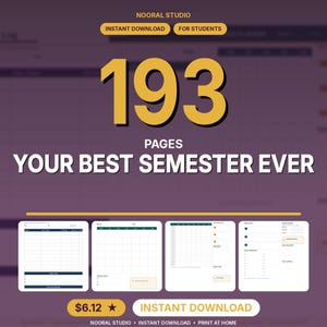 May include: A digital student planner with 193 pages titled Your Best Semester Ever. The design features a dark purple background with gold text. Four sample page layouts are displayed at the bottom, including a schedule, calendar, and task lists.