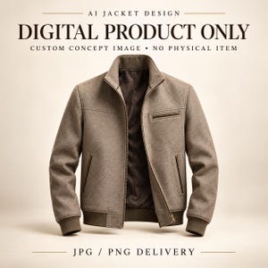 May include: A tan jacket with a stand-up collar, ribbed cuffs, and a dark brown interior lining. Text reads: AI JACKET DESIGN, DIGITAL PRODUCT ONLY, CUSTOM CONCEPT IMAGE • NO PHYSICAL ITEM, JPG / PNG DELIVERY. This is a digital concept image.