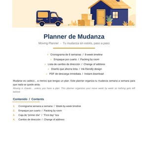 May include: A digital moving planner document titled Planner de Mudanza featuring an illustration of a blue house and a moving truck with cardboard boxes. The text lists an 8-week timeline, packing by room, change of address, and contents.