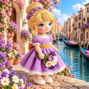 May include: A handcrafted crochet doll with blonde hair styled in a bun with purple flowers, wearing a purple dress with a yellow waistband and white lace trim. The doll holds a small bouquet of purple and white crocheted flowers.