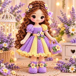 Crochet Doll Pattern PDF, Lavender Princess Amigurumi Doll with Curly Hair, Puff Sleeve Gown, Satin Bow and Mini Handbag, 13 in