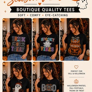 Op de afbeelding: Een promotionele afbeelding met vijf zwarte t-shirts met Halloween-prints. De tekst bevat SPOOKY Season Vibes, BOUTIQUE QUALITY TEES, SOFT, COMFY, EYE-CATCHING, CUTE, SPOOKY & Totally You!, PERFECT FOR FALL & HALLOWEEN en de maten S-XXL.