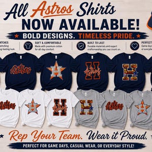 Puede incluir: Una colección de camisetas azul marino, blancas y grises con gráficos de los Houston Astros, incluyendo la letra H y logotipos de estrellas. La imagen muestra el texto All Astros Shirts NOW AVAILABLE! BOLD DESIGNS. TIMELESS PRIDE. Rep Your Team.