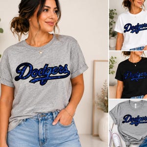 LA Dodgers Sequin Patch Shirt | Baseball Game Day Tee | Sparkly Dodgers Fan Shirt | Women’s White Graphic Tee | Custom Sports Apparel