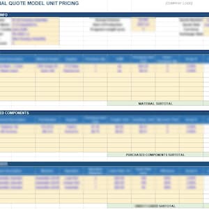 May include: A digital spreadsheet titled Internal Quote Model Unit Pricing with sections for Project Info, Material, Purchased Components, and labor costs. The document features a grid layout with blurred text and numerical data entries.