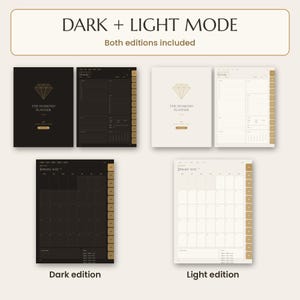 2027 digital planner: A digital planner set featuring dark and light mode editions. Each edition includes a cover with a diamond graphic and the text THE DIAMOND PLANNER, a daily schedule page, and a monthly calendar page for January 2027 with side tabs.