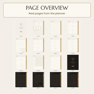 2027 digital planner: A digital planner overview featuring sixteen page layouts with tabs. The text reads PAGE OVERVIEW, Real pages from the planner, and THE DIAMOND PLANNER. The pages include calendars, schedules, and lists in light beige and black colour schemes.