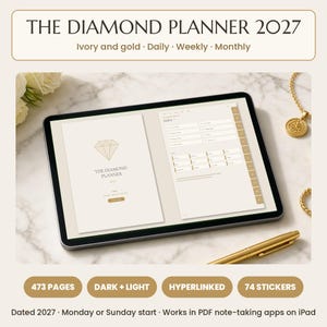 2027 digital planner: A digital tablet displaying The Diamond Planner 2027 with an ivory and gold colour scheme. The screen shows a cover page with a diamond graphic and an index page with tabs. The text reads The Diamond Planner 2027.