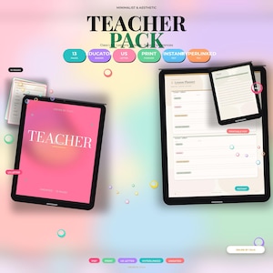 Könnte beinhalten: Ein digitales Lehrer-Planer-Set mit zwei Tablets, die Unterrichtsplanungs-Vorlagen und eine rosa Titelseite anzeigen. Die Benutzeroberfläche enthält Textbeschriftungen wie Teacher Pack, Lesson Planner, 13 Pages, US Letter, Print und Hyperlinked.