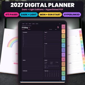 May include: A 2027 digital planner displayed on a tablet screen featuring a dark mode daily schedule, to-do list, mood tracker, and monthly calendar. The interface includes side tabs for months and top navigation for index, year, weeks, habits, and notes.