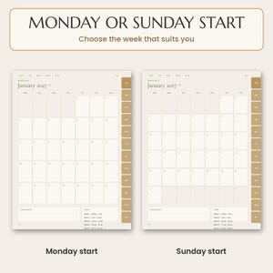 2027 digital planner: Two digital calendar pages for January 2027, one with a Monday start and one with a Sunday start. Each page features a grid layout, side navigation tabs, and a notes section. Text reads: MONDAY OR SUNDAY START, Choose the week that suits you.
