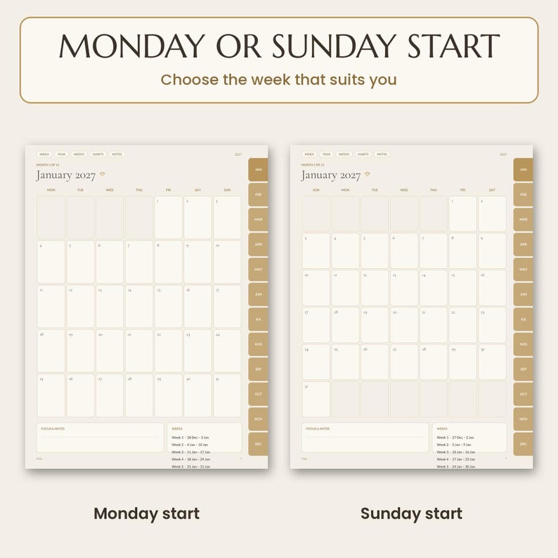2027 digital planner: Two digital calendar pages for January 2027, one with a Monday start and one with a Sunday start. Each page features a grid layout, side navigation tabs, and a notes section. Text reads: MONDAY OR SUNDAY START, Choose the week that suits you.