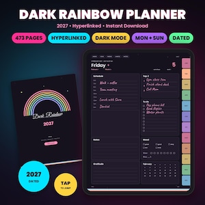 May include: A digital 2027 Dark Rainbow planner displayed on a tablet screen and a cover page. The interface features a dark theme with rainbow-colored accents, including a daily schedule, to-do list, mood tracker, and monthly tabs for navigation.
