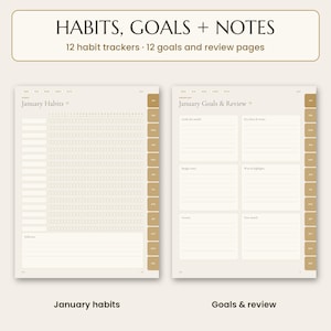 2027 digital planner: A digital planner layout titled HABITS, GOALS + NOTES featuring two pages: January Habits with a grid for daily tracking and a reflection section, and January Goals & Review with six lined boxes for monthly planning and notes.