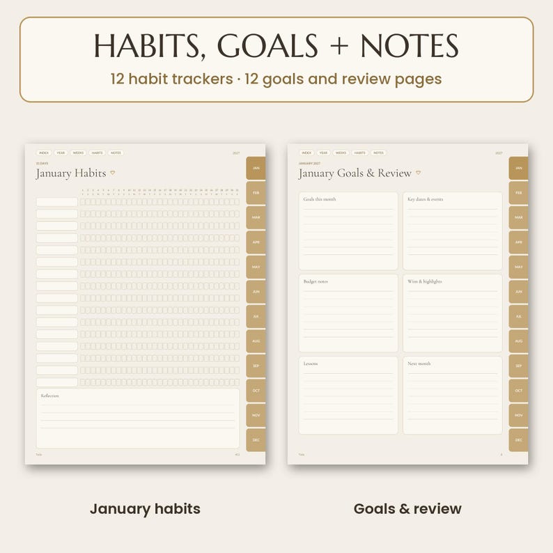 2027 digital planner: A digital planner layout titled HABITS, GOALS + NOTES featuring two pages: January Habits with a grid for daily tracking and a reflection section, and January Goals & Review with six lined boxes for monthly planning and notes.