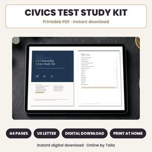 Puede incluir: Una tableta digital que muestra un kit de estudio para el examen de educación cívica con una portada azul oscuro titulada US Citizenship Civics Study Kit y una página blanca con el índice. El kit incluye 44 páginas en formato carta.