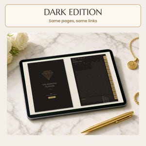 2027 digital planner: A tablet displaying a digital planner titled The Diamond Planner 2027 with a dark theme. The screen shows a cover page with a diamond graphic and a monthly calendar view with gold-coloured tabs. Text reads DARK EDITION Same pages, same links.