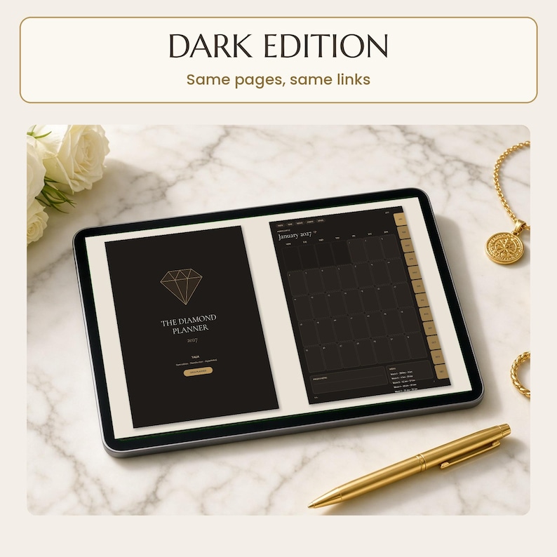 2027 digital planner: A tablet displaying a digital planner titled The Diamond Planner 2027 with a dark theme. The screen shows a cover page with a diamond graphic and a monthly calendar view with gold-coloured tabs. Text reads DARK EDITION Same pages, same links.