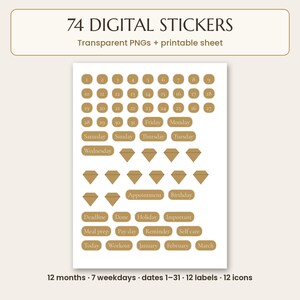 2027 digital planner: A digital sticker sheet featuring 74 elements in a tan colour palette. The set includes circular date numbers 1-31, rectangular weekday labels, diamond icons, and text labels like Appointment, Birthday, and Deadline.