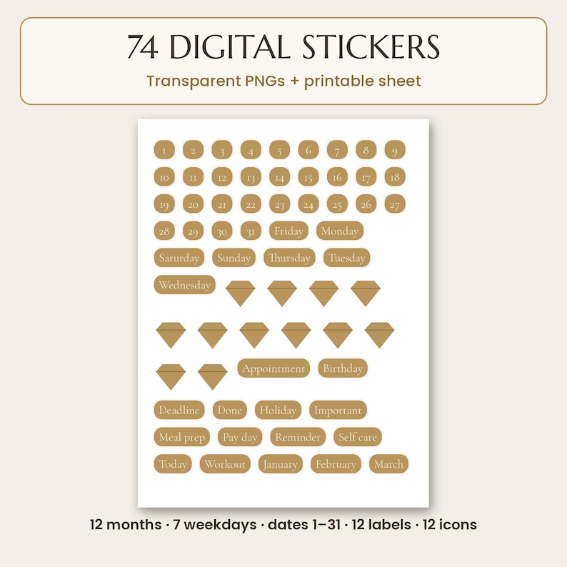 2027 digital planner: A digital sticker sheet featuring 74 elements in a tan colour palette. The set includes circular date numbers 1-31, rectangular weekday labels, diamond icons, and text labels like Appointment, Birthday, and Deadline.