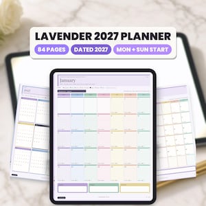 May include: A digital Lavender 2027 Planner displayed on a tablet screen, featuring 84 pages, dated 2027, and Monday or Sunday start options. The interface shows a January monthly calendar with pastel-colored columns and organized sections.