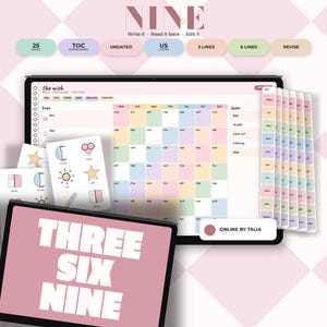 May include: A digital 369 journal for iPad and print, featuring a pink cover with the text THREE SIX NINE. The interface includes a hyperlinked PDF layout with a weekly grid, colourful tabs, and a sheet of icons including a moon, heart, sun, and star.